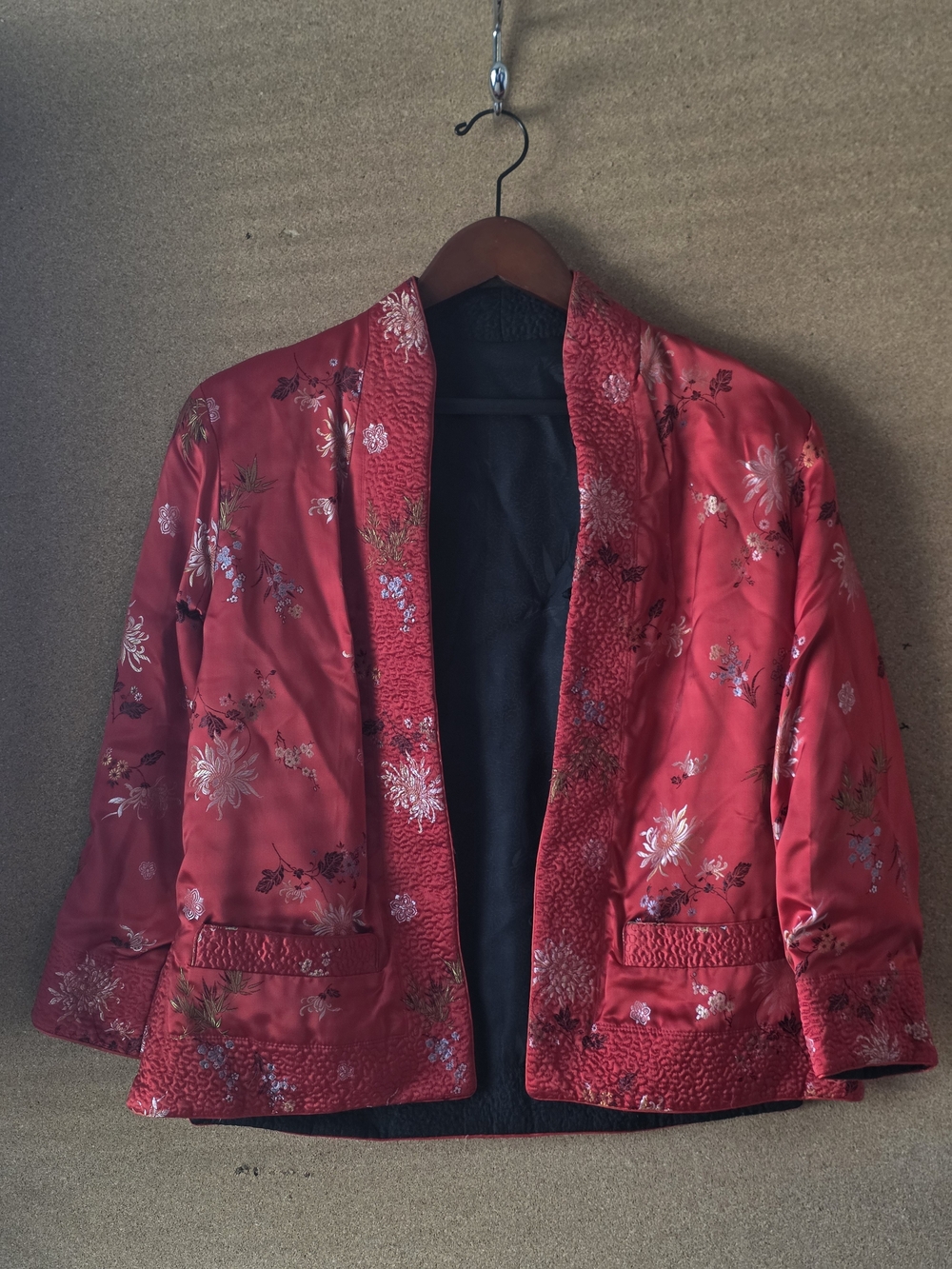 Vintage Moon Pine Reversible Silk Satin Chinese Brocade Jacket Red Black M